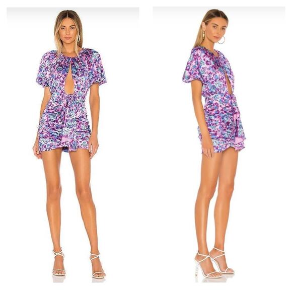 For Love & Lemons Tahiti Ruched Mini Dress Small Purple Floral Satin Cottagecore - Picture 14 of 14